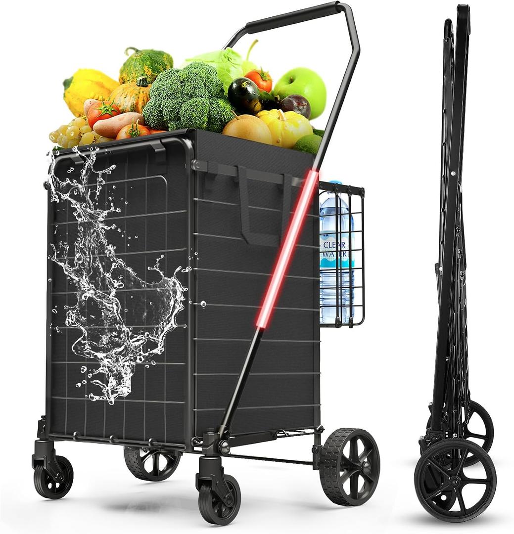 3.7 Cu Ft Folding Shopping Cart - 380 LB Capacity Grocery Cart with 360 Braked Swivel Wheels - Heavy Duty Utility Cart with Double Basket & Removable Waterproof Liner with Lid for Laundry