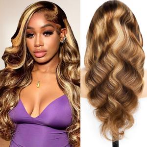 Yeuoin #4/27 Ombre Highlight Lace Front Wigs Human Hair Pre Cut 5X5 Glueless Honey Blonde Body Wave Wigs for Women Pre Plucked with Baby Hair Lace Closure wig 200% Density 22 Inch