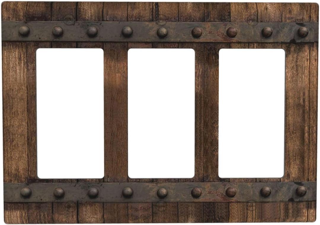 Rustic Brown Wood Barn Door Farmhouse Light Switch Cover Plate Triple Rocker 3 Gang Wall Plate Country Vintage Decorative Electrical Switchplate For Bathroom Home Decor Accessories 6.57" X 4.65"