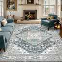 9x12 Vintage Washable Area Rug for Living Room,Low Pile Non Slip Carpet Non-Shedding Large Area Rug Soft Indoor Stain Resistant Rug Boho Print Mat for Bedroom Dining Room Blue Beige Multi