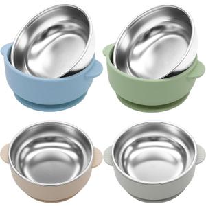 4 Pack Stainless Steel Baby Bowls with Suction, 2-in-1 SUS304 Toddlers Bowl & Removable Silicone Suction Kids Bowl Anti Scald Non Toxic Snack Container for Baby Food Feeding (Color1)