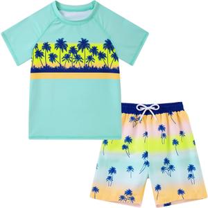 Boys Short Sleeve Rash Guard Swimsuit Set with Swim Trunks for 4-12 Years | Boys Bathing Suits for Swimming, Surfing, Rafting, Kayaking, Diving, Fishing, Waterski, Swim Team, Swim Meets, Lounging, 4-5Y