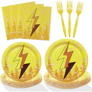 96Pcs Lightning Birthday Decorations Plates Set 24 Guests Paper Plates Napkins Forks Party Supplies (Yellow)