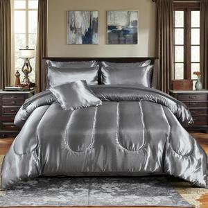 Bedding_Dreamer Satin Comforter Set with Sheet Set King Silk Like Grey Bed in a Bag 8 Pcs Luxury Silky Bedding with 1 Cushion Cover Soft & Smooth