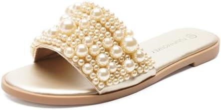 FUNKYMONKEY Women's Black Pearl Slide Sandals Flat Slip-On Open Toe Summer Beach Shoes Elegant Beaded Dressy Mules for Wedding, Party & Casual Wear, Size 8