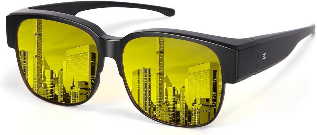 BIRCEN Polarized Fit Over Sunglasses: Wear Over Glasses Sunglasses Wrap Around Fitover Shades for Men Women UV Protection (J-black Frame Night Vision Lens)
