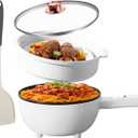 Hot Pot Electric with Steamer, 3L Non-Stick Frying Pan, Rapid Noodles Cooker Electric Pot for Steak, Egg, Fried Rice, Ramen, Soup with 2 Heating Power, Spatula