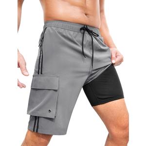 Men's Athletic Basketball Shorts - 9" Cool Dry Gym Workout Shorts with Liner and Zipper Pockets (Large, A003-grey/Black Stripe)