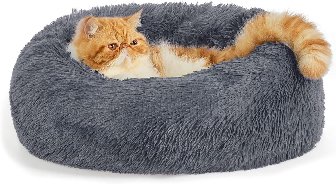 Bedsure Calming Cat Beds for Indoor Cats - Small Cat Bed Washable 20 inches, Anti-Slip Round Fluffy Plush Faux Fur Pet Bed, Fits up to 15 lbs Pets, Dark Grey (20.0"L x 20.0"W x 6.0"Th)