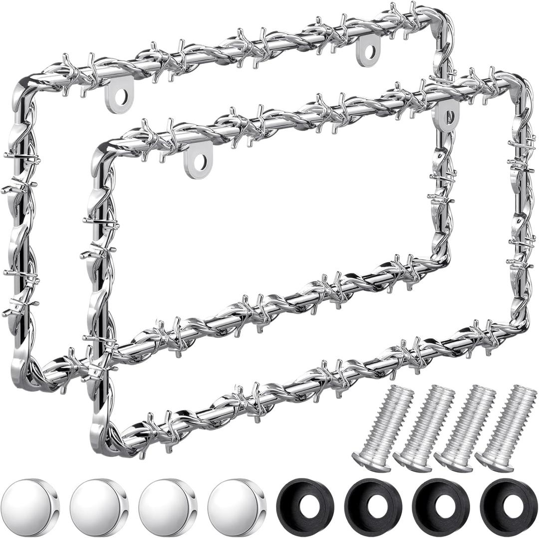 2 Pcs Universal License Plate Frame Plastic Barbed Wire Coconut Design Frame Compatible with Standard License Plate for USA 2 Holes with Screws for Women Men(Silver)