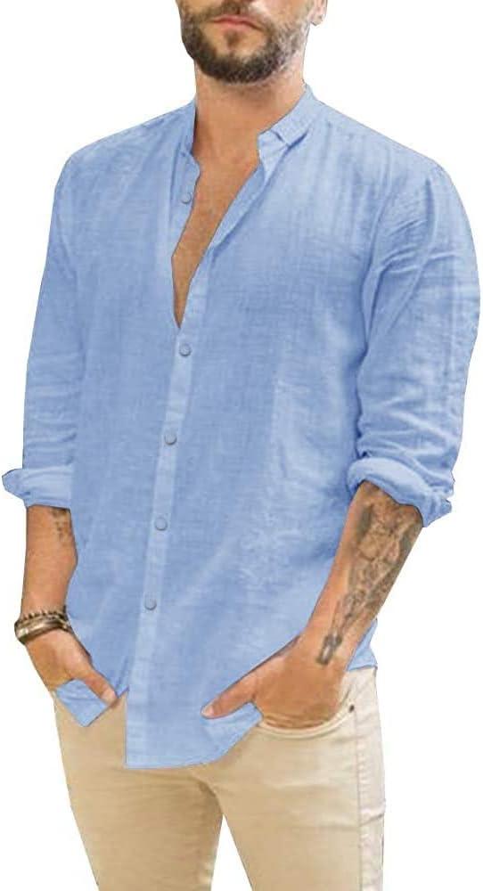 Mens Casual Long Sleeve Cotton Linen Shirts Button Down Solid Plain Roll-Up Sleeve Summer Beach Shirts (Large, Blue)