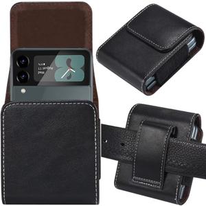 Miimall Samsung Galaxy Z Flip 6/5/4/3 Phone Pouch Holster Belt Case, Leather With Metal Clip for Galaxy Z Flip 6, 5, 4, 3, Motorola Razr 2024+ (Black)