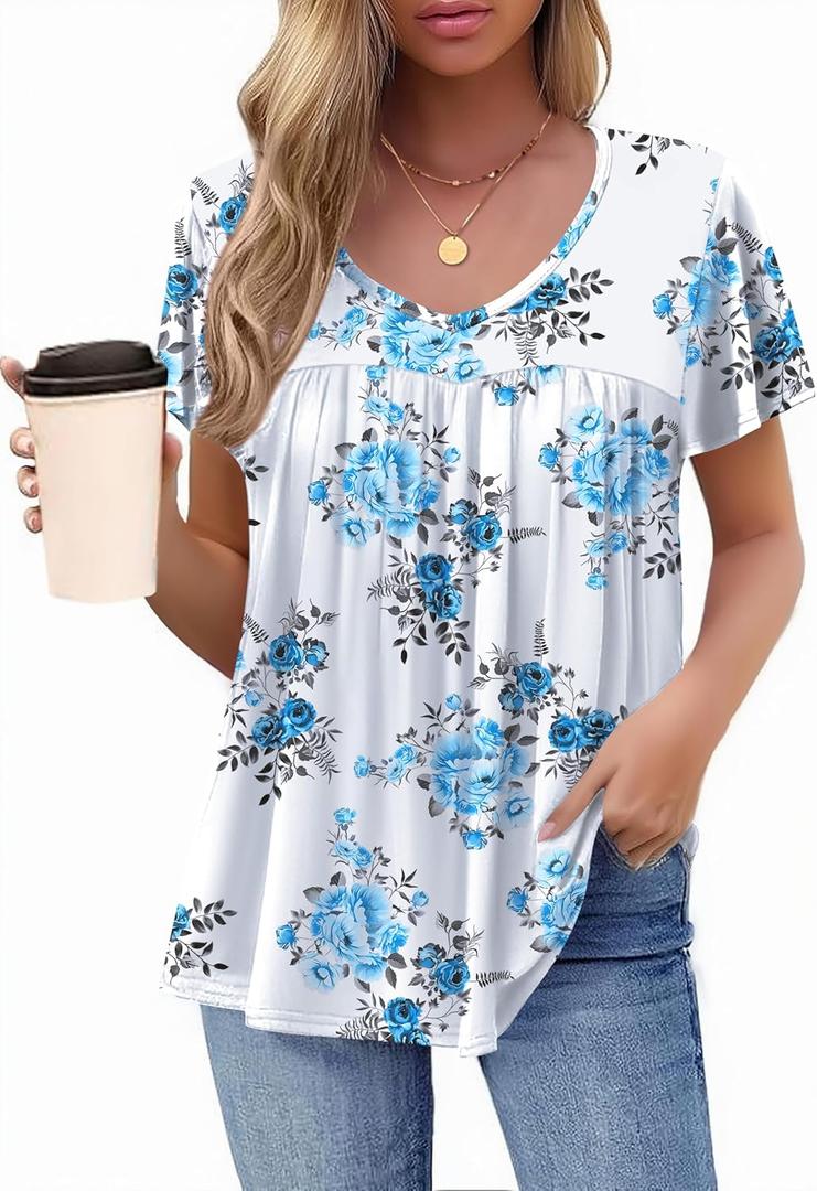 HOTOUCH Womens Short Sleeve Tunic Tops V Neck Loose Fit Ruffle Sleeve Shirts Summer Floral Dressy Casual Boho Blouses (Small, Blue Flower)
