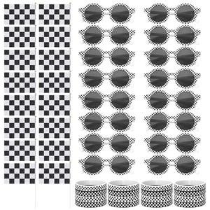 JATEBI 48 Pack Race Car Sunglasses Wristbands Stick Flags for Kids Racing Theme Party Favors Set Black and White Checker Sunglasses Silicone Bracelets Flags for Race Theme Birthday Halloween Supplies
