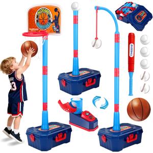 4 in 1 Kids Basketball Hoop and Tball Set for Toddlers 3+, Adjustable Basketball Stand, Hanging Tee Baseball Toy Set, Portable Indoor Outdoor Sports Toys, Birthday for Boys Ages 3-8