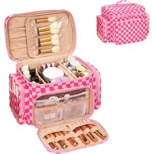 Bagmoly Large Checkered Makeup Bag, Travel Makeup Bag Organizer for Women Girls with Makeup Brush Compartment & Two Side Pockets, Cosmetic Travel Bag Vertical Storage Toiletry Bag- Hotpink