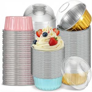 150Pcs Mini Cake Pans with Lids, 5 oz Disposable Aluminum Foil Ramekins Muffin Tin, Round Cupcake Baking Cups, Foil Cupcake Containers for Creme Brulee (Gold, Pink, Blue)