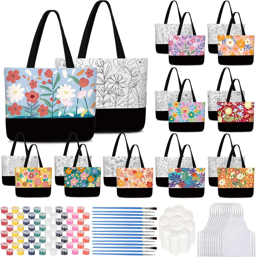 10 Set Pre Drawn Canvas Bags Set Paint and Sip Kit for Adults Painting DIY Tote Bags Making Kit with Paintbrushes, Paints, Apron, Palette for Painting DIY Party Women Adults