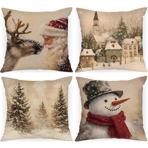 Lanpn 14x14 Christmas Throw Pillow Covers Set of 4, Snowman Santa Reindeer Vintage Christmas Pillow Cover Pillowcase Xmas Holiday Decorative Pillow case for Indoor Home Sofa Couch Room Decor