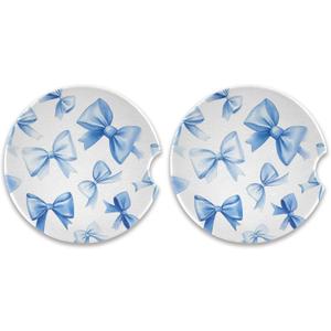2 Pack Blue Bow Car Coasters for Drinks Absorbent, 2.5 inch Ceramic Car Cup Holder Coaster for Your Car with Fingertip Grip