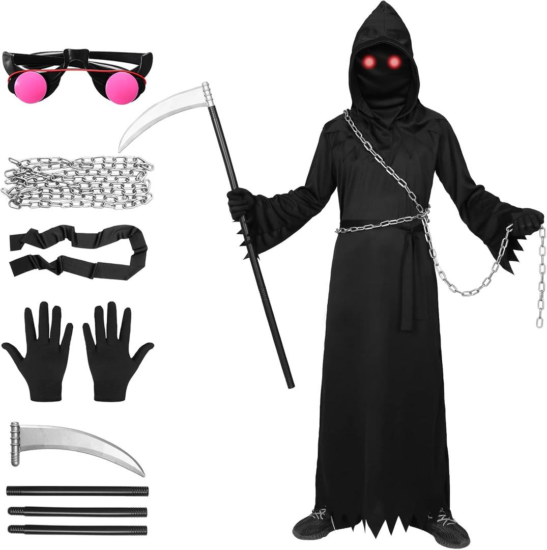 Grim Reaper Costume Halloween Adult Costumes Grim Reaper Hooded with Scythe,Chain Halloween Costumes (Black, S)