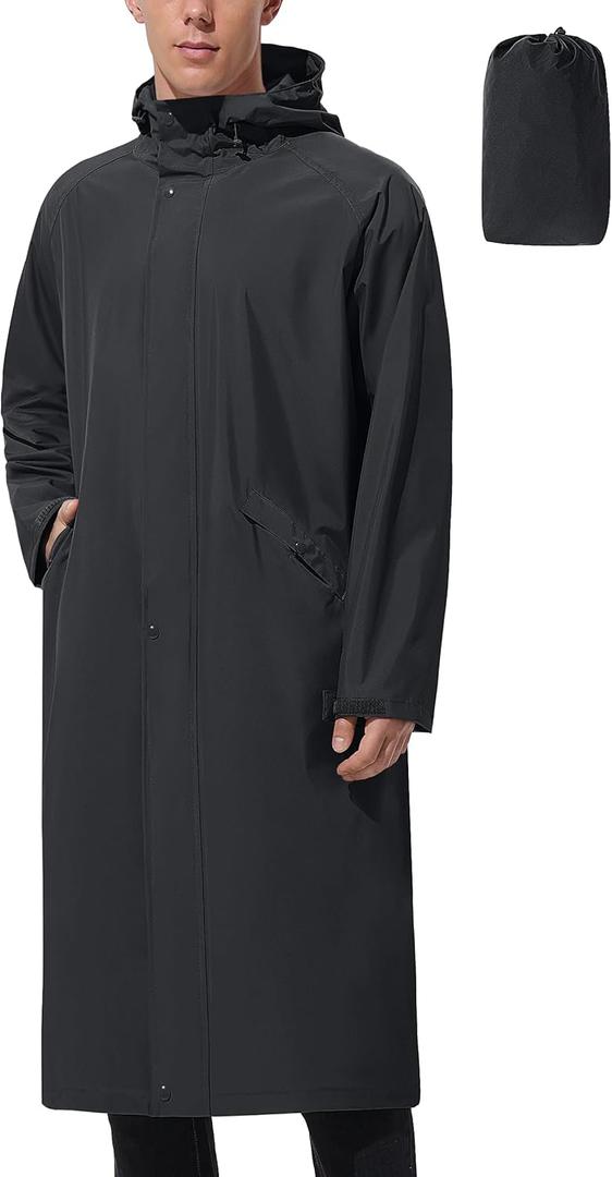 Men's Long Rain Jacket Windbreaker Waterproof Lightweight Packable Running Hiking Cycling Golf Rain Coat with Hood (Large, Black)