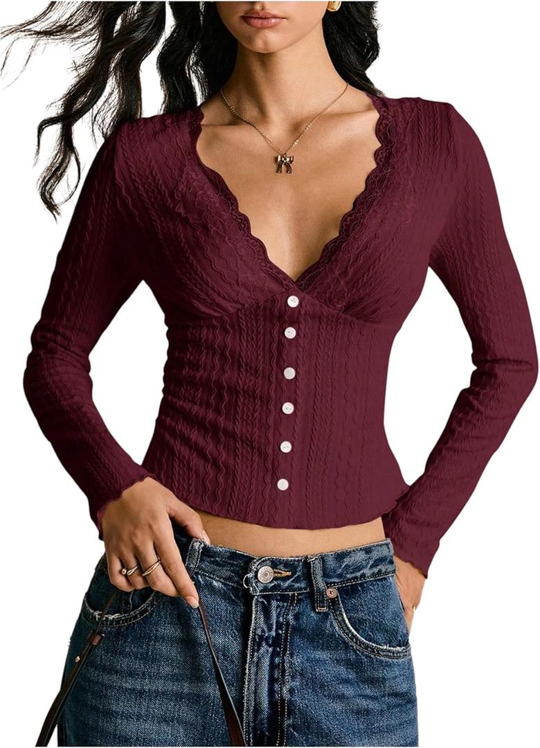 WDIRARA Women's Lace Trim Deep V Neck T Shirts Textured Long Sleeve Fitted Crop Top Coquette Tee Burgundy Small