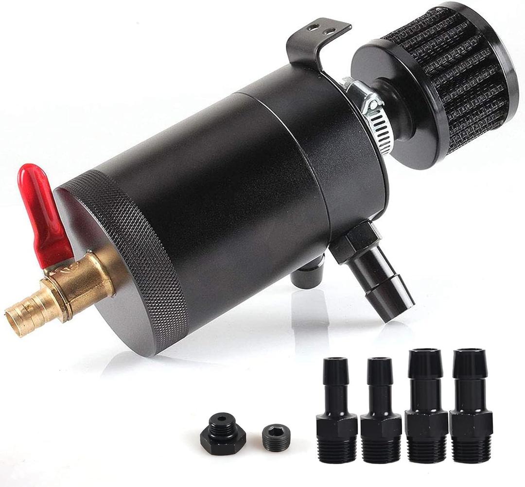 Oil Catch Can Kit with 4 Adapters + Breather Filter Drain Valve Plug 2 Ports (1 outlet + 1 inlet) 150ml Universal Aluminum Baffled Oil Reservoir Tank Oil Separator HTRACING (Red) (black)