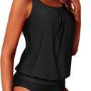 Yonique Two Piece Tankini Swimsuits for Women Blouson Bathing Suits Modest Swimwear (Black, M)