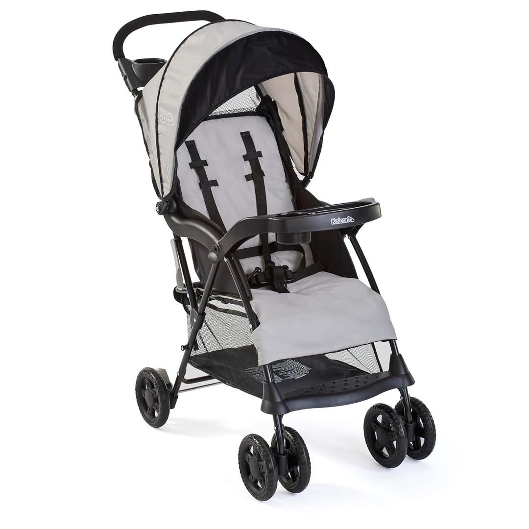 Kolcraft Cloud Plus Lightweight Toddler Umbrella Baby Stroller with Large Storage Basket and Canopy, Reclining Seat, Child and Parent Trays, Compact Easy Fold for Summer Travel - Slate Gray (Slate Grey (Wheel Color May Vary))