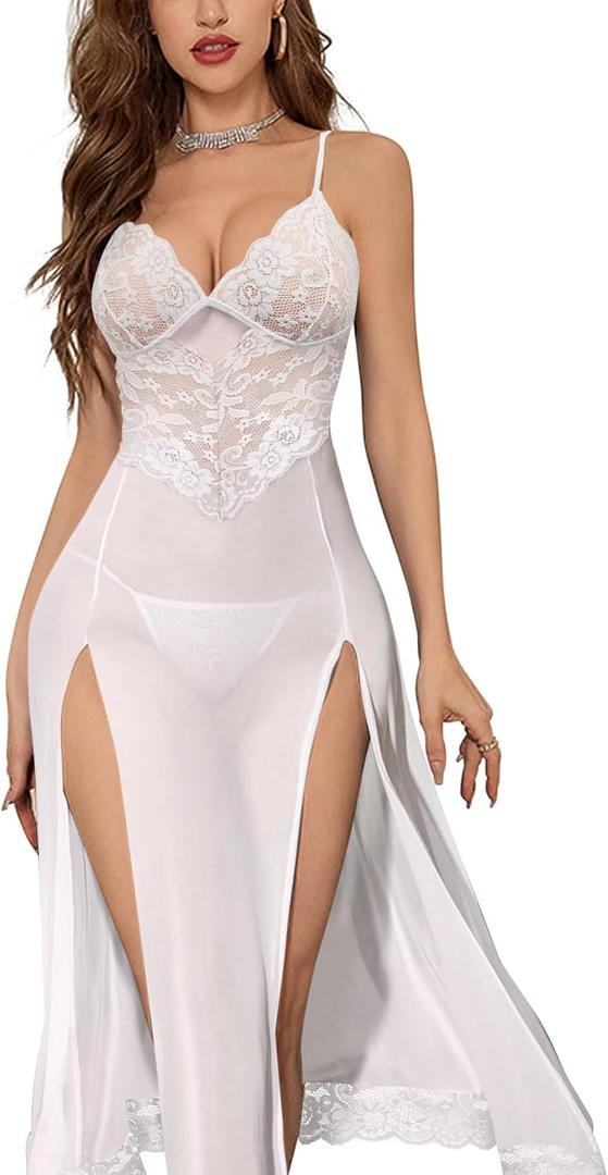 Sexy Split Mesh Lace Floral Sheer Babydoll Lingerie Outfit Dress 2 Piece with Thong Set (Medium, Long White)