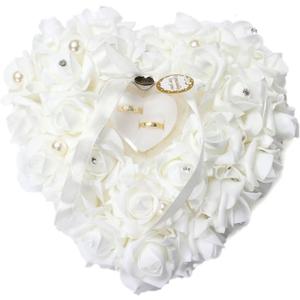 HONEYGIFTS Wedding Ring Pillow, Ivory Ring Bearer Holder Pillows Heart Shape Rose Lace Cushion for Wedding Party Anniversary Ceremony