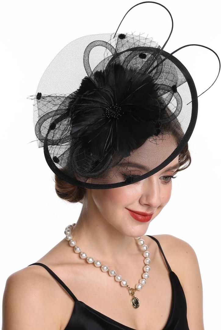 Fascinators Hat Tea Party Vintage Feather Fascinator with a Headband and a Clip for Girls and Women N1-black