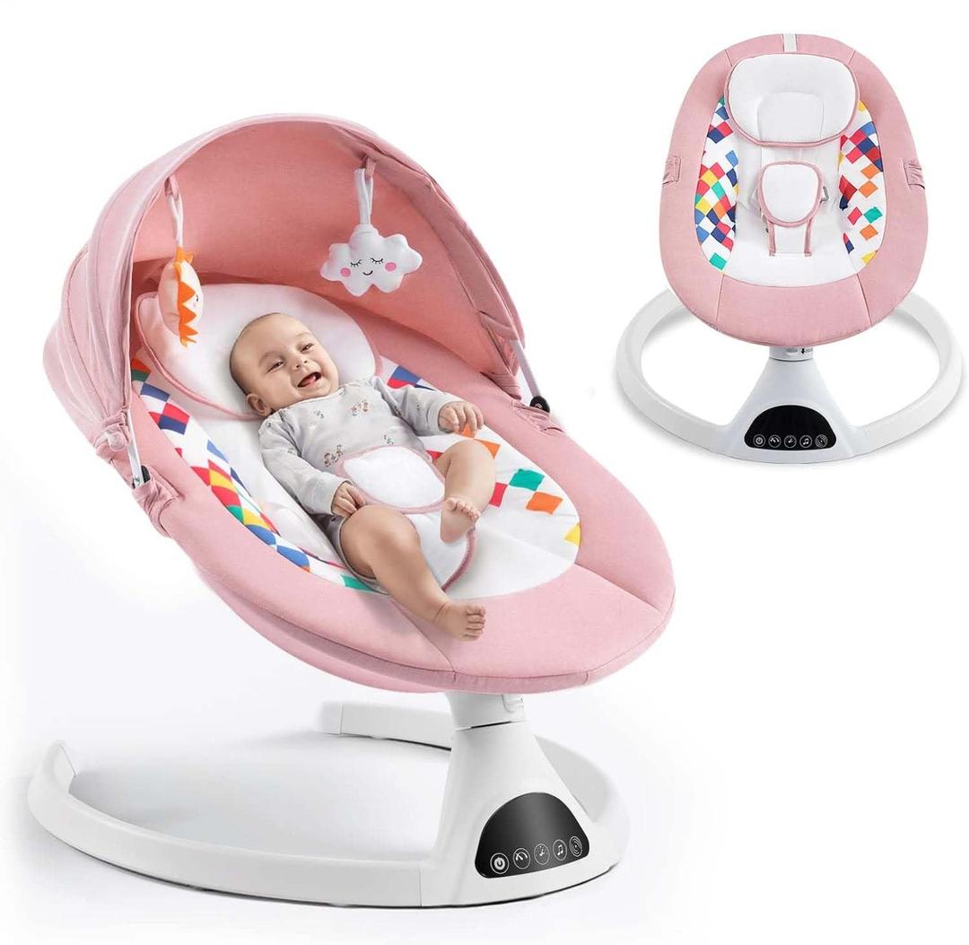 Baby Swing for Infants,Electric Bouncer for Babies,Portable Swing for Baby Boy Girl,Indoor Baby Rocker with 5 Sway Speeds,Music and Bluetooth,Light Pink