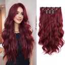 Clip in Extension 22 Inch Long Wavy Synthetic Seamless Curled Clips on Hair Extensions 4PCS Hairpieces Soft and Not Easily Knotted for Women Burgundy