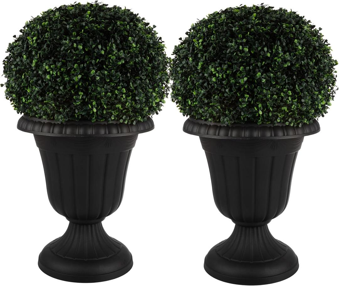 Outdoor Planter 2-Pack - 16x18-Inch Urn Planters - Plastic Plant Pots for Indoor, Outdoor, or Front Porch Decor - Flower Pots by Pure Garden (Black)