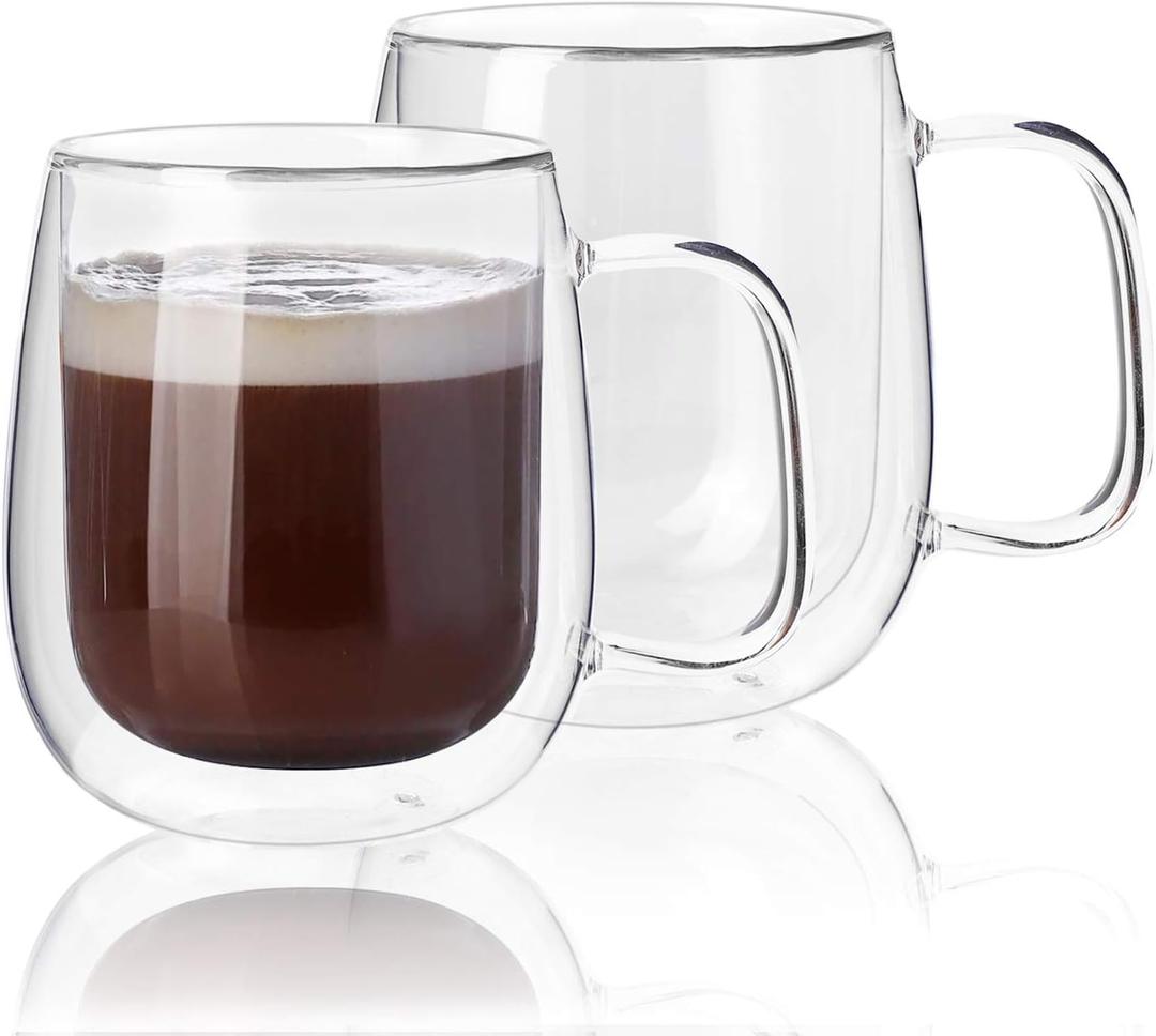 Kanwone Large Glass Coffee Mugs - 14 Ounce - Double Wall Insulated Glasses with Handle, Clear Glass Coffee Mugs, Perfect for Latte, Macchiato, Americano, Cappuccino, Tea and Beverage, Set of 2