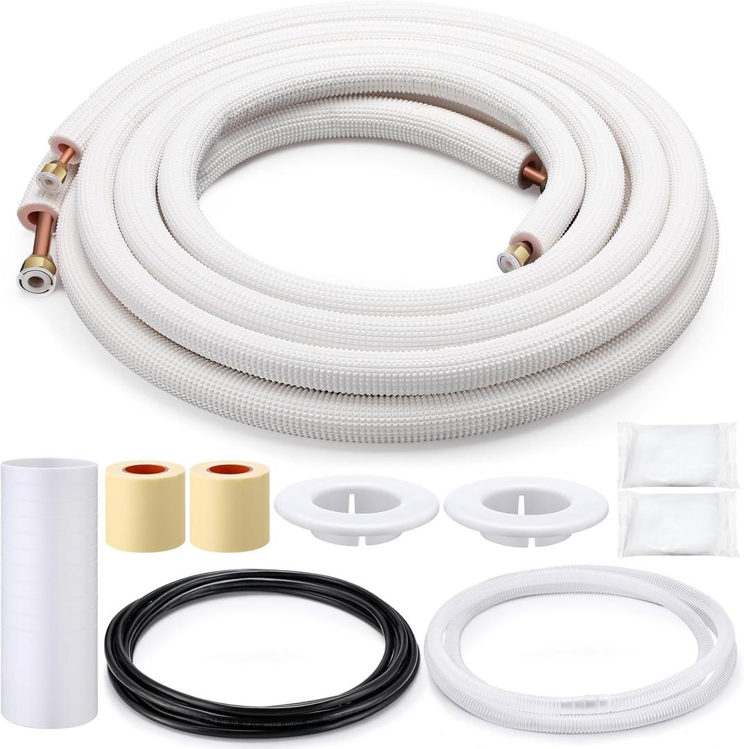 25 Ft. Mini Split Line Set 1/4 & 3/8 O. D. Copper Pipes Tubing and 3/8 White Thickened PE Insulated Coil for Air Conditioner Refrigeration and Heating Equipment, with Fittings