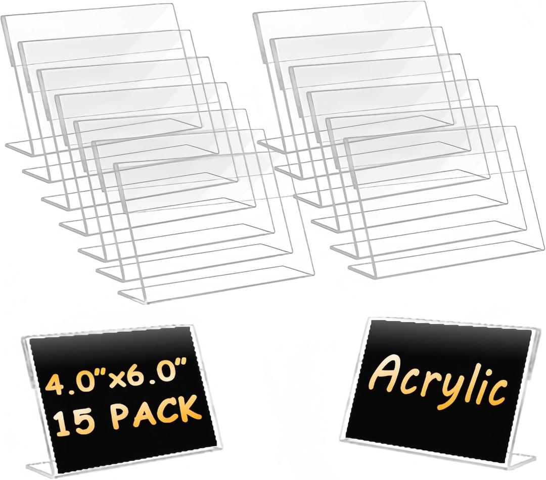 15 Pack Acrylic Photo Frames 4x 6 Inches Clear Picture Frames Plastic Collage Frames Flyer Display Vertical Slanted Back Stand Up Sign Holder for Office Desktop Photo Picture Menu Document