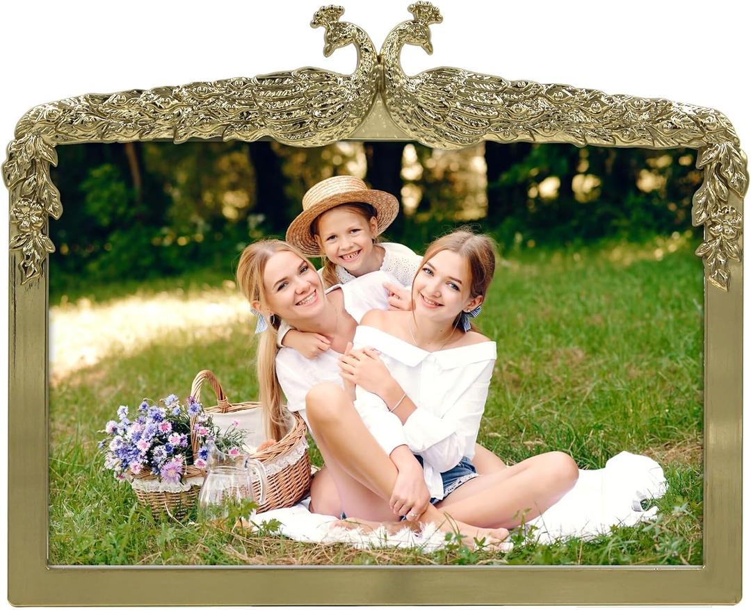 Twin Peacock Photo Frame / 6x4 In | For Horizontal Display on Tabletops | Perfect for Home Decor, Wedding, Vacation, Graduation, Anniversary, Or Any Milestone Photos (Gold)