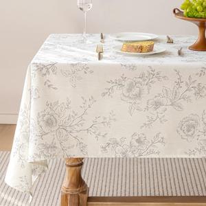 Meikelor Floral Linen Table Cloth 55 x 84 inch Rustic Vintage Farmhouse Tablecloth Gray Pattern Printed on Cream Linen Tablecloth Rectangle Burlap Textured Fabric Table Cover Home Decor Holiday