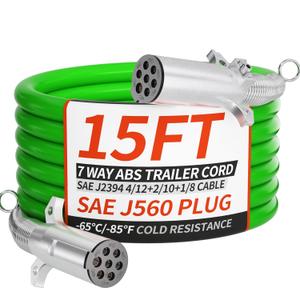 PlugSaf 7 Way Trailer Cord 15 FT ABS Heavey Duty, Flexible -85F Cold Resistance Straight Electrical Power Cable Green for Semi Trailers Trucks Tractors, 4/12+2/10+1/8 Gauge Wire Cable