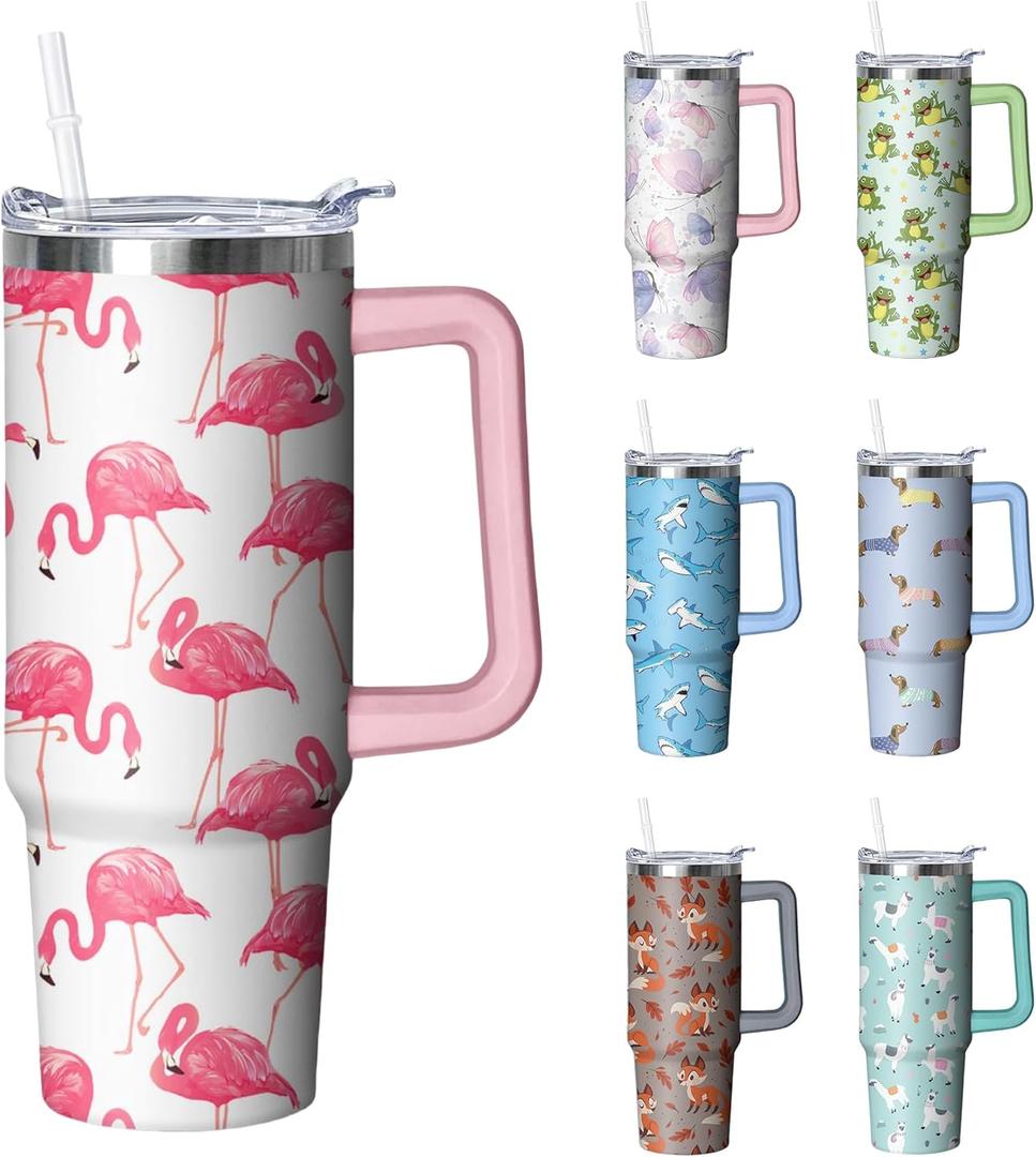 30 oz Flamingo Tumbler with Handle and Straw, Insulated Stainless Steel Cup with Lid, Travel Coffee Mug Water Bottle, Gifts for Woman Animal Lovers
