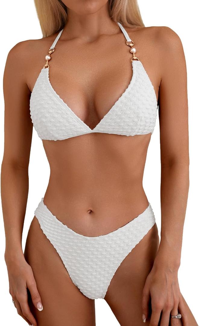 swimall Women's Triangle Bikini Set Cheeky High Cut Sexy Two Piece Swimsuit Cute Halter Bathing Suit (Medium, White)