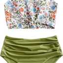 ZAFUL Women's High Waisted Tankini Scoop Neck Knotted Two Pieces Tankini Set Swimsuit (Large, 4-green Onion)