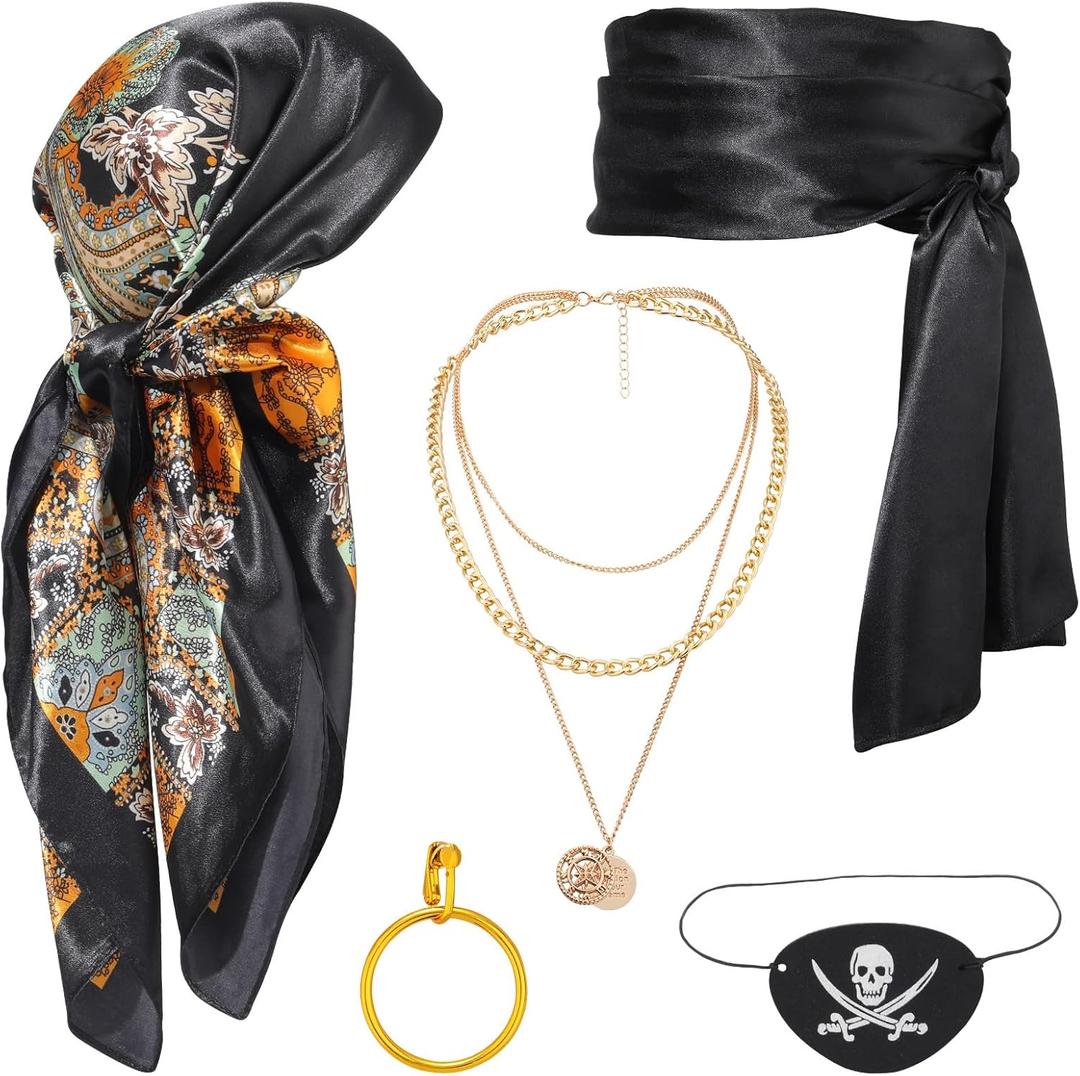 AWAYTR Pirate Costume Accessories Set for Men and Women, Comes with Head Scarf, Necklace, Sash Belt, Eye mask (Black)