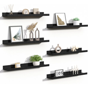 upsimples Floating Shelves for Wall, 23.6 Inch Shelves for Decor Storage Set of 6, Wall Mounted Wood Shelf for Bedroom, Living Room, Bathroom, Kitchen, Long Picture Ledge Shelves, Black