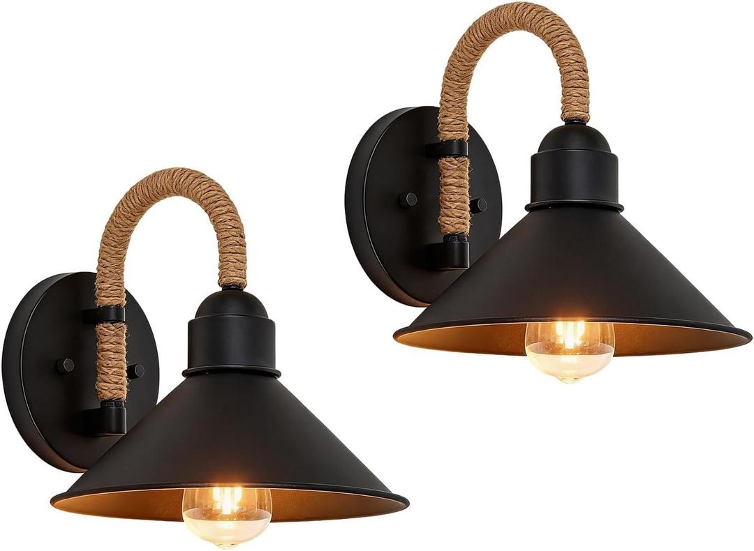 2 Pack Indoor Wall Light Fixture Black, Outdoor Wall Sconce Light with Hemp Rope, Industrial Vintage Wall Lamp for Bedroom, Living Room, Hallway, Covered Porch, E26 Socket, Hardwired