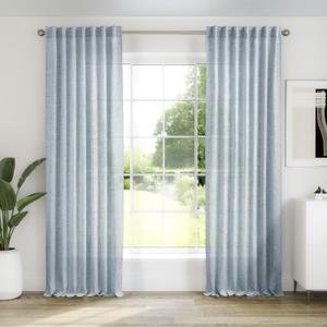 Blue Linen Curtains 108 Inches Long for Living Room 2 Panels Set Back Tab Pocket Farmhouse Boho Light Filtering Semi Sheer Dusty Stone Blue Curtains for Bedroom Dining Room, 9 FT Tall Grey Blue