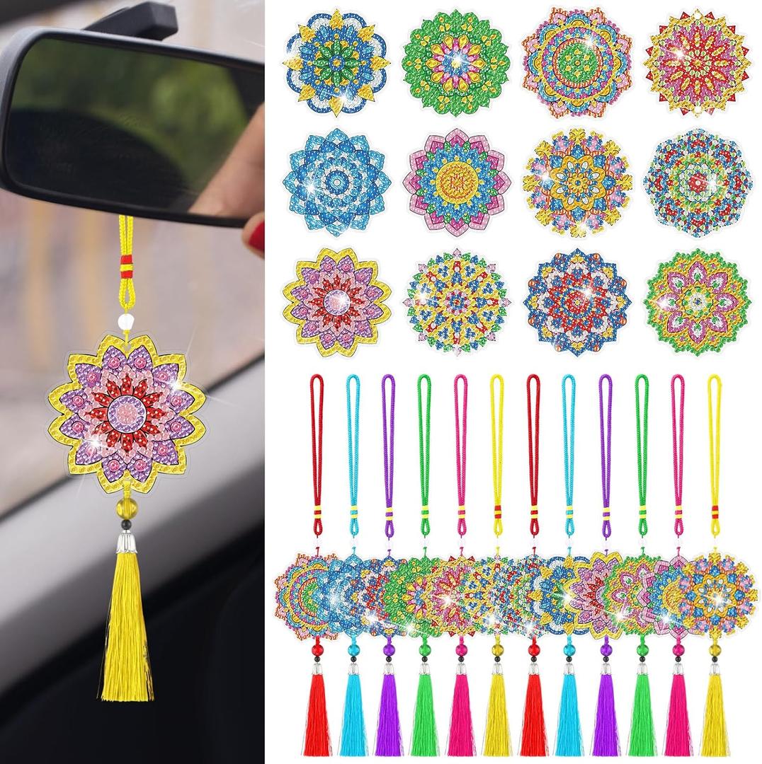 JenPen 12 Pcs Diamond Painting Car Ornaments Diamond Art Ornament for Car Double Sided Painting Hanging Ornament Crystal Gem Garden Decoration Paint DIY Kit (Classic Mandala)